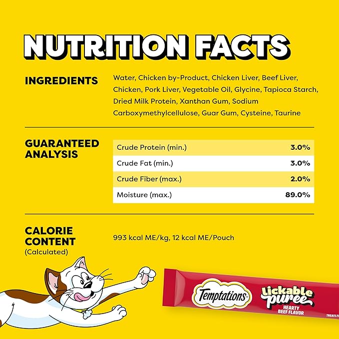Temptations Creamy Puree Squeezable Lickable Cat Treats, Wet Cat Treats with Beef Liver, 0.42 oz. Tubes, 16 Count