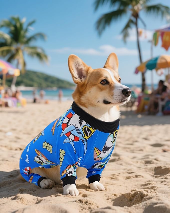 PET SHOW 4 Pack Dog Pajamas Dinosaur Shark for Medium Large Dogs Boy Soft Stretchy PJs Plaid Jumpsuit Dog Paw Onesies Outfits with Sleeve Pets Breathable Summer Clothes Costume XXL