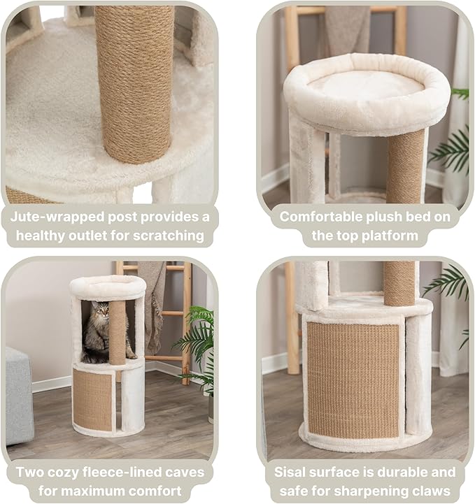 Trixie Giorgia Cat Tower, Combo Plush & Jute Covered Surfaces, Scratching Posts, Indoor Cat Condo with Padded Bed, Beige, 15.7" x 15.7" x 32.3"