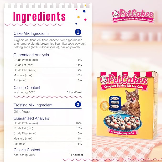 PetCakes Complete Baking Kit for Cats- Make Healthy Cakes, Cookies & Cupcakes - Includes a Reusable Fish Shaped Pan, 4 Cake Mixes (Cheese) & 2 Frosting Mixes (Yogurt) - Net Wt. 10oz