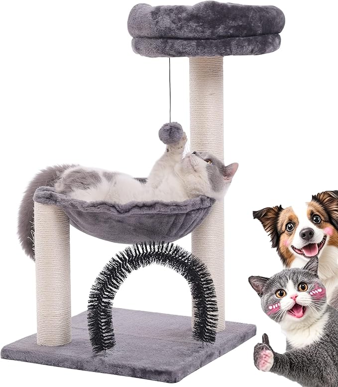 Simple Deluxe Small Cat Tree Tower for Indoor Cats, 5-in-1 27.8" Multi-Level Cat Tree with Scratching Posts, Plush Hammock, Perch, Self Groomer Brush, Dangling Ball for Kittens/Small Cats Play&Rest