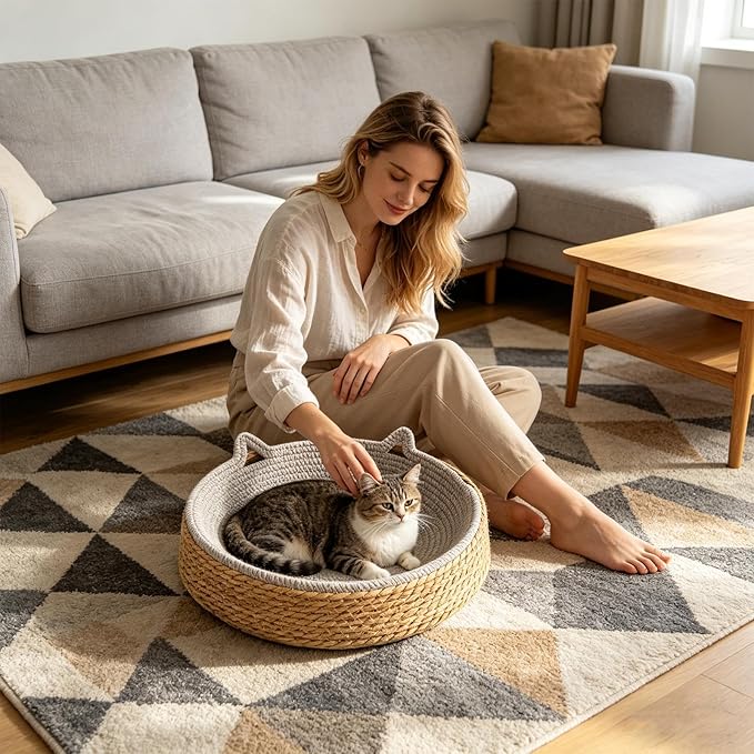 Cat Scratch Bowl - Breathable Woven Scratch Board, Kitten Ear Design Cotton Rope Cat Bed, Round Scratching Lounge Toy