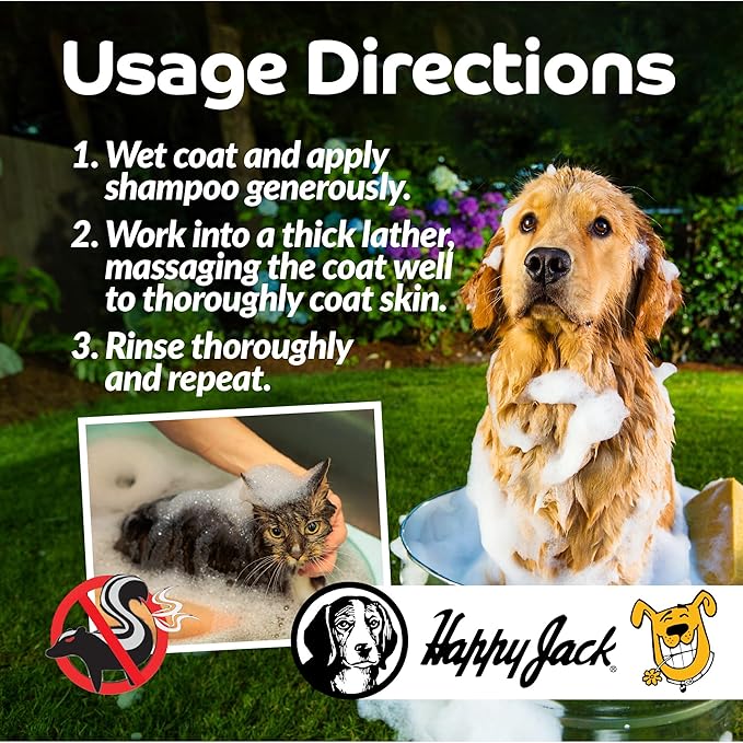 HAPPY JACK Mephidide Anti-Skunk Shampoo for Dogs & Cats Powerful Pet Odor Eliminator for Skunk Smell Removal Deodorizing Grooming Shampoo Safe for Coat & Sensitive Skin for Home Use (16 oz)