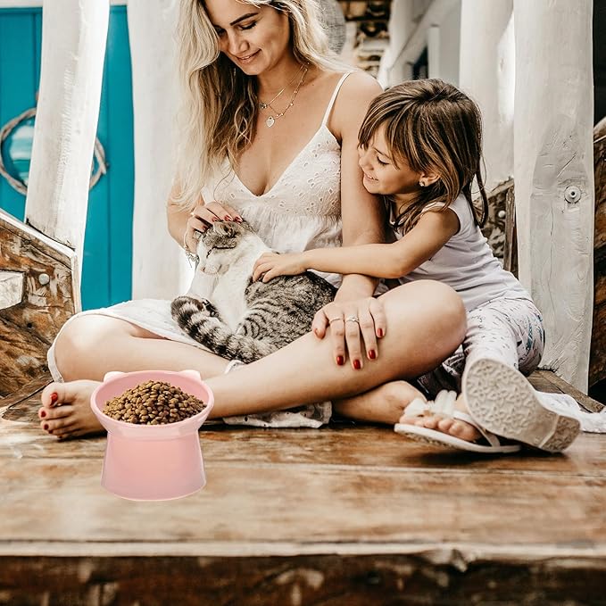 jojofuny Elevated Tilted Cat Food Bowl with Neck Guard, Food-Grade Plastic Raised Pet Feeder for Indoor Cats and Small Dogs, Cute Pink Slow Feeder Bowl for Feeding and Watering
