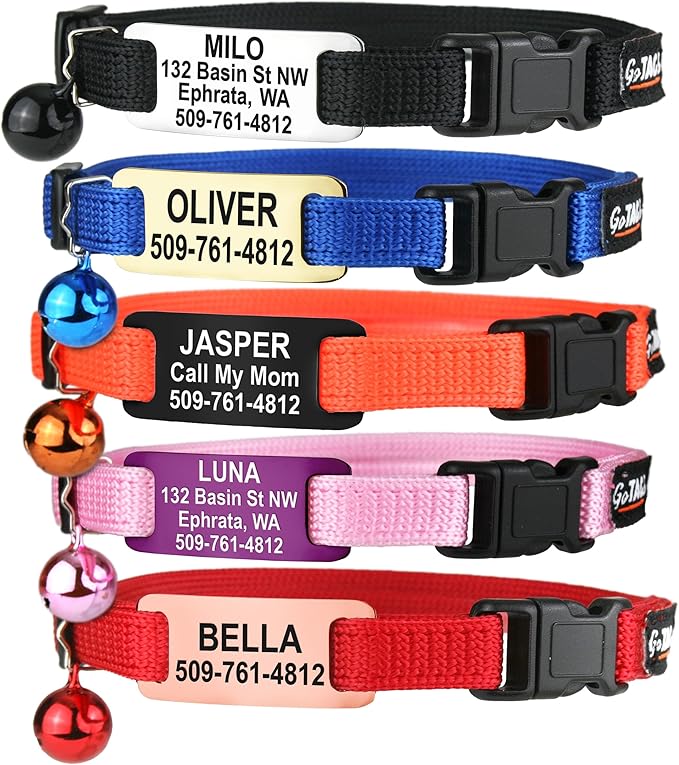 GoTags Cat Collars with Personalized Tag, Breakaway Collar with Safety Buckle Matching Bell, Engraved Custom with Name and Phone, Adjustable for Cats and Kitten, (Pink with Nameplate)