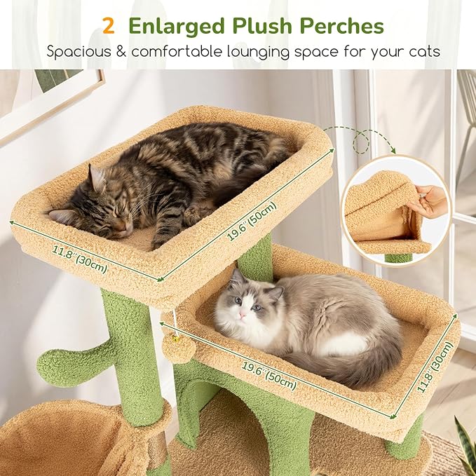 Globlazer Extra Large Cactus Cat Tree Tower 80in Tall Cat Tree for Multiple Indoor Cats Large Adult Kittens with Scratching Posts, 2 Widened Perches, Adjustable Baskets, 2 Cozy Condos, S80G, Green