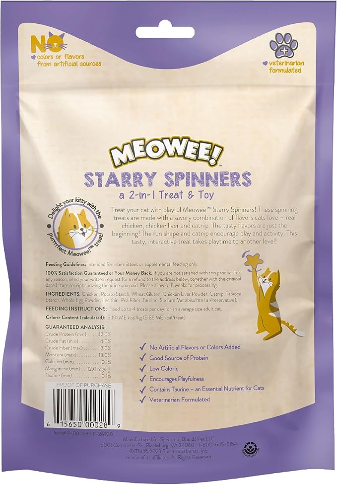 MEOWEE! Starry Spinners Cat Treat, 1.25 Ounce Bag, 2-in-1 Treat & Toy Made with Real Chicken, Chicken Liver & Catnip, Encourages Playfulness & Low Calorie