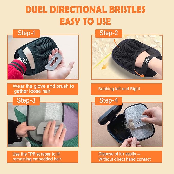 Pet Hair Removal Glove for Cats & Dogs – 2-in-1 Electrostatic 5-Finger Fur & Lint Remover with TPR Scraper, Reusable Magic Brush for Couch, Carpet, Furniture, Clothing & Car Seats
