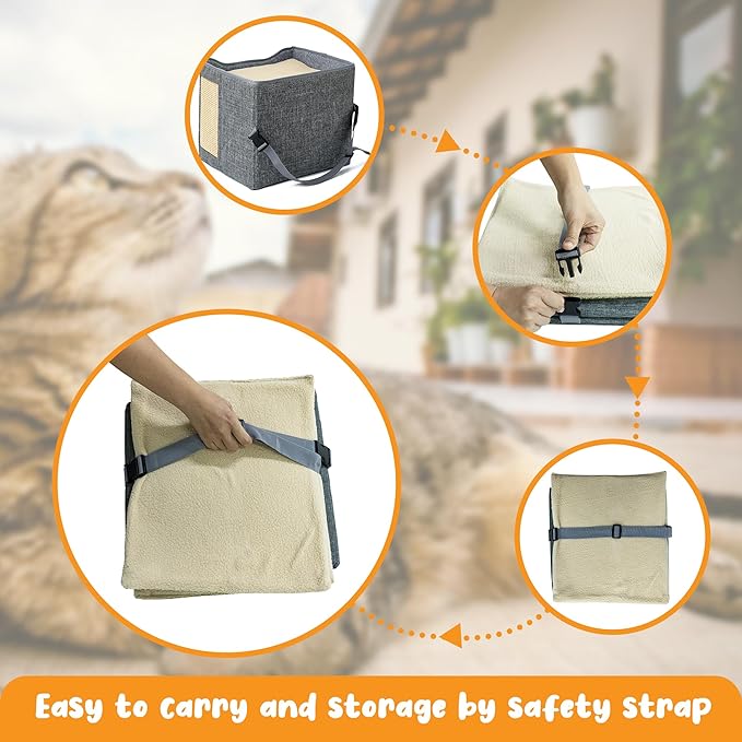 Cat Houses for Indoor Cat, Large 2-Sided Reversible Cushion Cat Condo with Safety Strap, Foldable Cat Hideway with Sisal Scratch Pad, All Seasons Pet Bed for Multi Cats,Light Grey