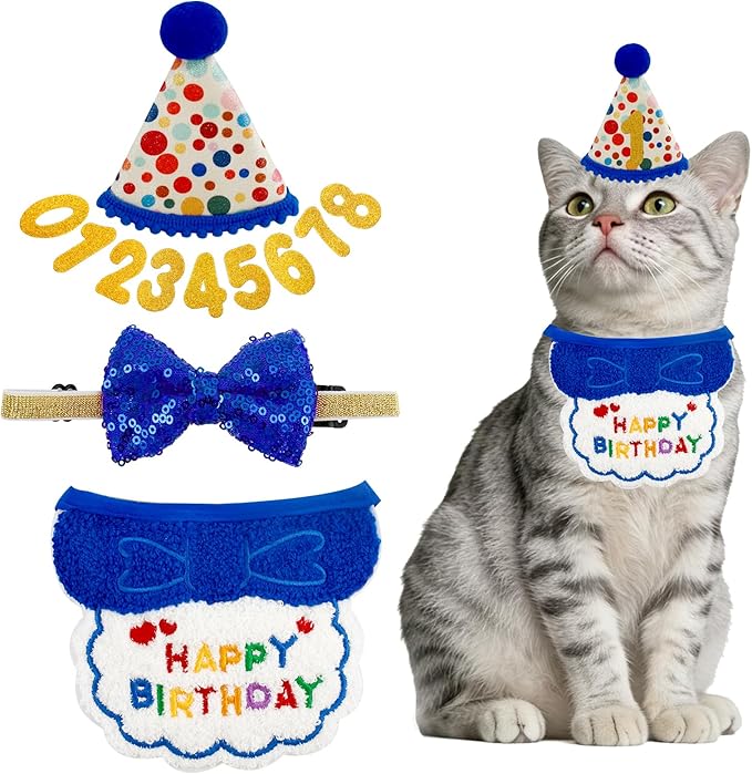 4PCS Blue Cat Birthday Party Supplies for Kitten Bandana Hat Number Decorations Pet Birthday Outfit Kit