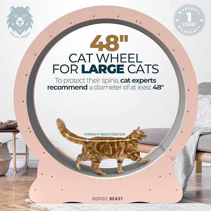Nordic Beast Pink 48'' XL Cat Wheel – Safe, Quiet & Stable Exercise Wheel for Large Indoor Cats up to 45 lbs – 15.7'' Extra-Wide Surface Fits 2 Cats Side by Side & Prevents Wobbling, 1-Year Warranty