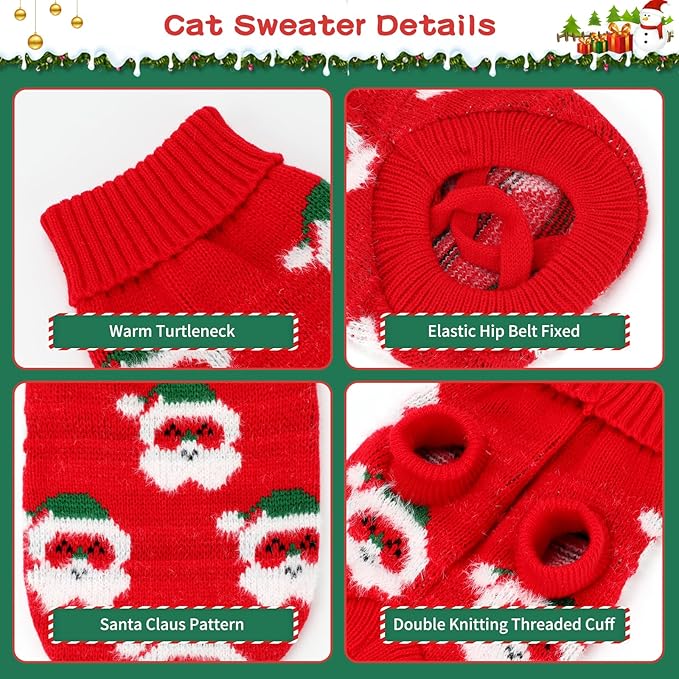 BWOGUE 2 Packs Cat Christmas Sweater Dog Sweaters Pet Cat Winter Knitwear Warm Clothes Pet Santa Claus Merry Christmas Pets Sweaters for Kittys and Small Dogs