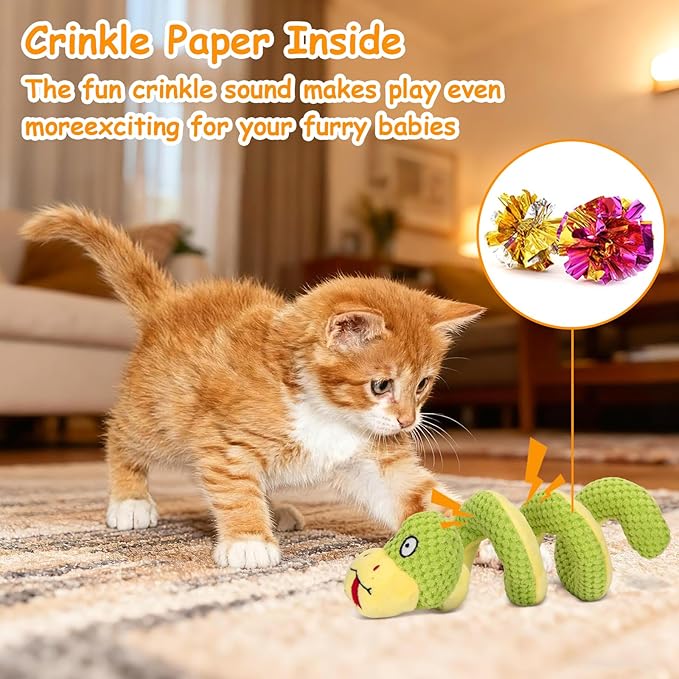 Retro Shaw 11" Realistic Snake Cat Toy – Interactive Kicker Toy for Indoor Cats with Silvervine & Catnip, Crinkle Sound, Spring-Loaded Design, Bite-Resistant Plush for Kitten Teething & Boredom Relief