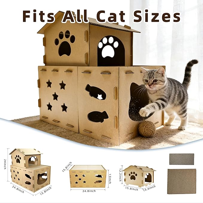 Cardboard Cat Scratcher House, Modular Cat Condo - 25" Large 2-in-1 Double Layer Cat Play Villa with Built-in Scratching Surface for Indoor Cats - Final Clearance, Limited Stock Left!