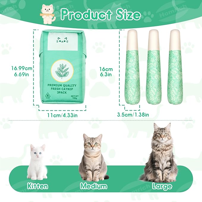 Homrich Catnip Toys for Cats, 3-Pack Funny Cat Chew Toys Filled with 100% Pure Organic Catnip, Safe Kitten Teething Bite & Kicker Toys - Interactive Cat Nip Toys for Indoor Cats Boredom Relief