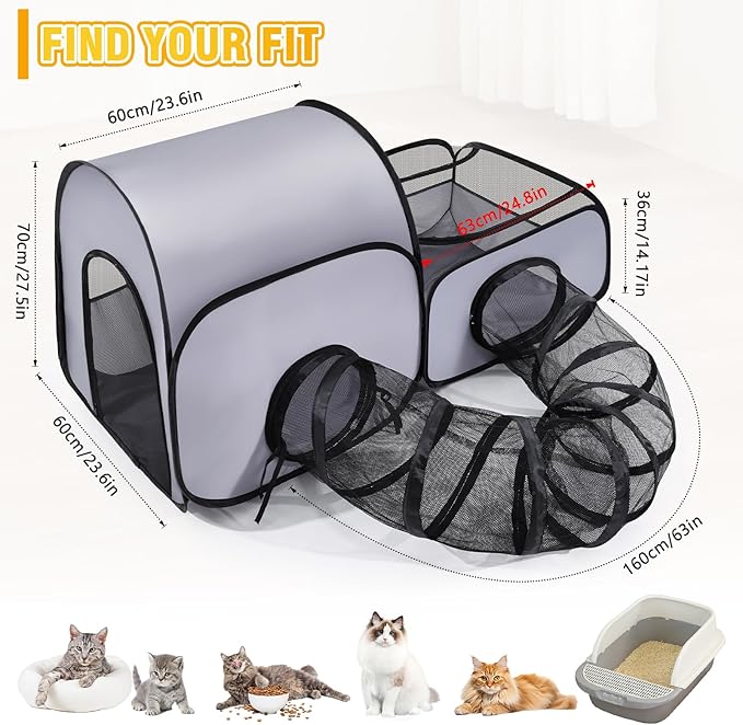 Portable Cat Playpen with Surround Tunnel, 2-Linked-Enclosed Areas, Ideal Cat Tent Outdoor or Cat Playpen for Indoor Cats Enclosed.Breathable Mesh Design for Indoor & Outdoor Use(Grey)