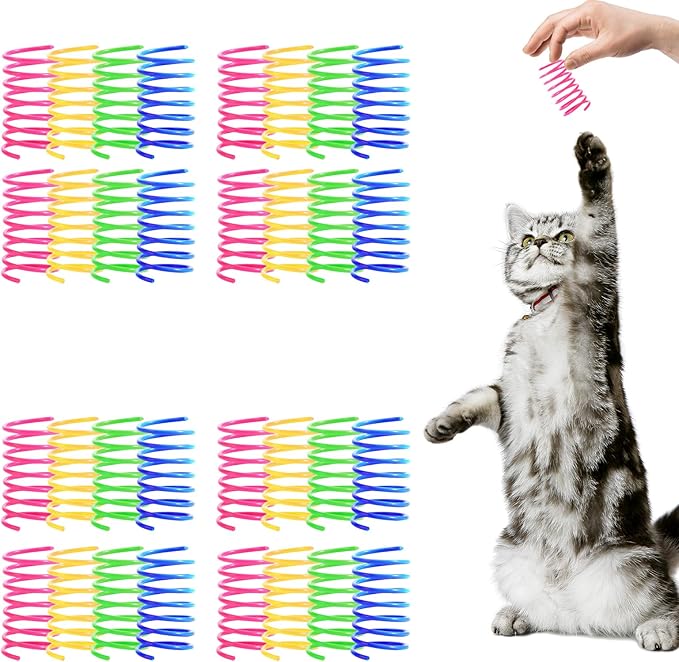 Shudyear Pack of 32 cat Coil Springs for Indoor, Colourful and Durable Plastic Spring coils to Attract, Chewing, Hunting, Interactive Toys for Cats and Kittens (32pc)