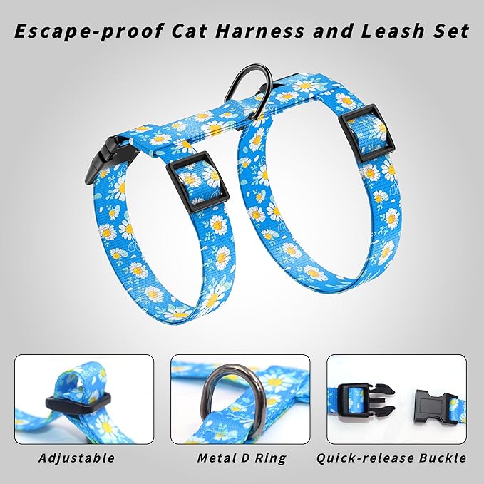 Seyezo Cat Harness and Leash Set, Adjustable Kitten Harness Escape Proof Cats Harness, Soft Lightweight Walking Travel Pet Harness, Cute Kitty Harness Leash Set for Small Medium Cats, Blue Daisy