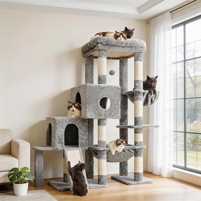 Hey-brother Cat Tree Tower, Scratching Posts with Big Platform, 2 Condos, Spacious Hammock, Cozy Basket, Sisal Board for Indoor Large Adults, 50 Inches Progressive Climbing House, Light Gray MPJ071W