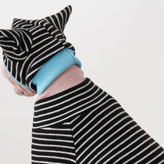 Sphynx Cat Clothes Black Stripe Breathable Shirts Suit, Pet Hat and Shirt Set (X-Small,1-2lbs)