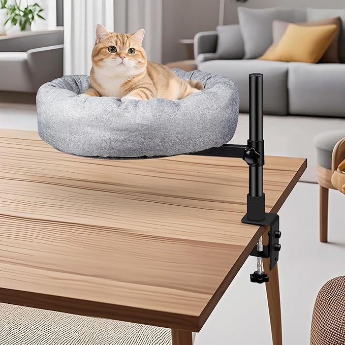 Cat Hammock Bed for Desk Edge, Rotating & Height Adjustable Pet Lounge with Thick Soft Cushion, Space Saving Desk Mounted Resting Perch for Cats & Small Pets Up to 45 lbs, Grey