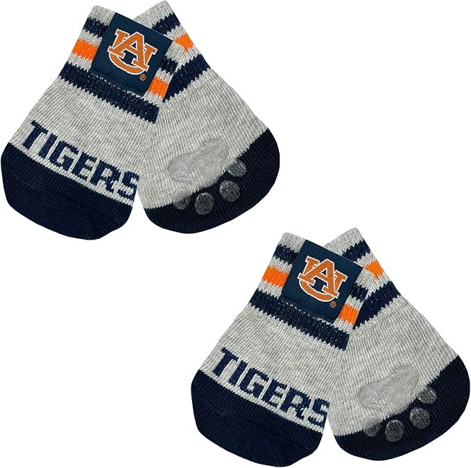 NCAA Auburn Tigers Anti Slip Dog Socks with Elastic Ribbed Top, Size X-Small/Small. Indoor/Outdoor Socks, Best Dog Paw Protector, 2 Pairs of Pet Socks with Your Favorite Collegiate Sports Team