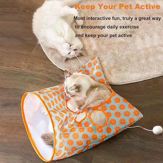 Cat Tunnel Bag for Indoor Cats, Foldable Pet Tunnel Crinkle Sack Bag with a Little Mouse & 3 Toy Ball, Portable Crinkle Paper Interactive Hide and Seek Cat Toys (Orange)
