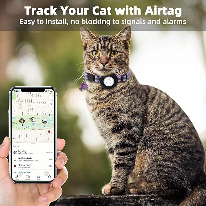 Airtag Cat Collar, Air tag Cat Collar with Bell and Safety Buckle in 3/8" Width, Reflective Collar with Waterproof Airtag Holder Compatible with Apple Airtag for Cat Dog Kitten Puppy (Purple)