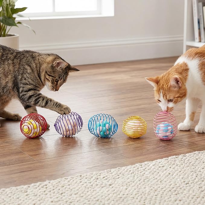 Jecery 5 Pcs Cat Spring Toys Stretchable Rolling Balls Colorful Playful Coils Interactive Action Toy Caged Rats for Kitten Pet Supplies (Plush Ball,Multicolor)