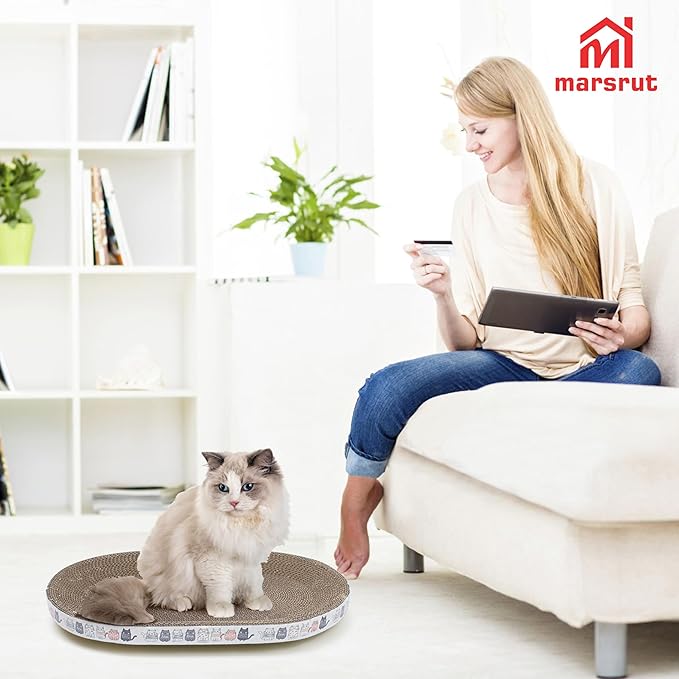 Oval Cat Scratcher Bed 17x11 inches Scratching Cardboard Bowl Cute Shaped Lounge Boxes Durable High-Density Provides Firm Cozy Corrugated Resting Play Place Indoor for Medium to Large Breeds