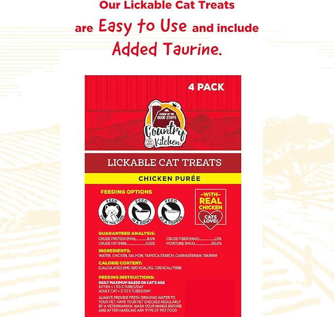 Country Kitchen Chicken Puree Lickable Cat Treats, Made with Real Chicken, 2 Oz, 4 Count