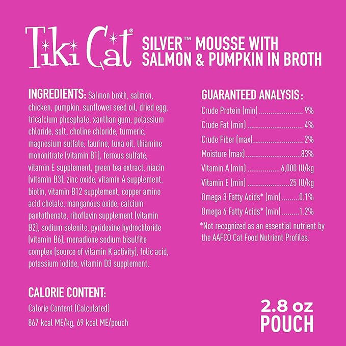 Tiki Cat Silver Mousse, with Salmon & Pumpkin in Broth, Silky Smooth Nutrient Rich Formulated for Older Cats Aged 11+, 2.9 oz. Pouch (12 Count)