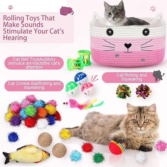 Zopeal 76 Pcs Graduation Cat Storage Basket Gift Toys Set Interactive Cat Toys Kitten Wand Colorful Flashing Balls Pet Crinkle Balls Attract Kitten to Swat, Hunt for Pet Indoor(Pink)