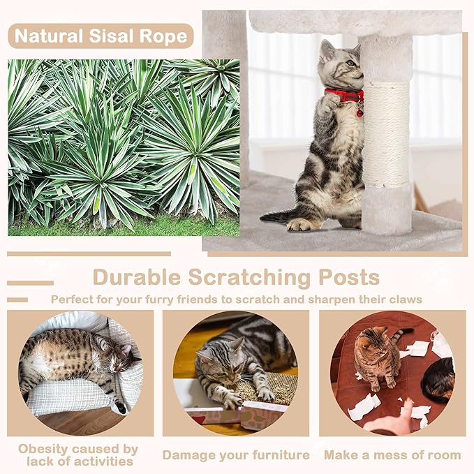 54 Inch Tall Cat Tree Tower - Multi-Level Cat Condo with Scratching Post, Toys & Rest Area, Beige