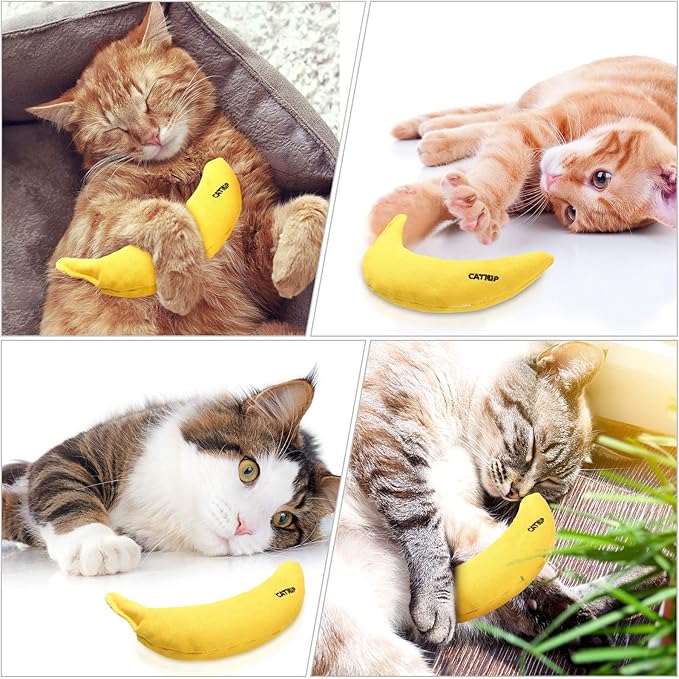 Sotiff 4 Pieces Catnip Toys Yellow Banana Cat Chew Catnip Toys Kitten Interactive Toy Reliable Catnip Filled Cat Toys for Indoor Cats Kittens Chewing Biting Grinding Claw 4 Count Pack of 1