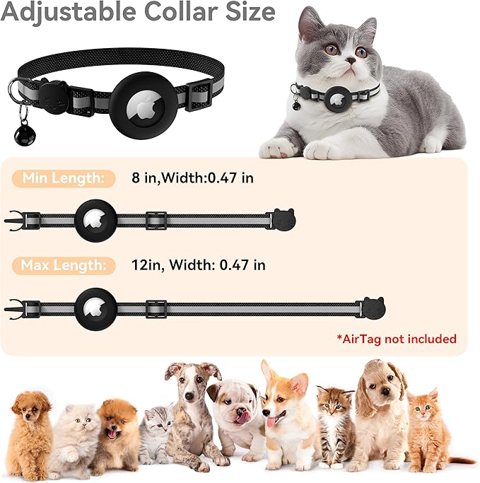 Meliya Airtag Cat Collar Breakaway with Bell, Adjustable Reflective Pet Kitten Collar with Apple Air Tag Holder Case for Girl Boy Cats (Striped Black)