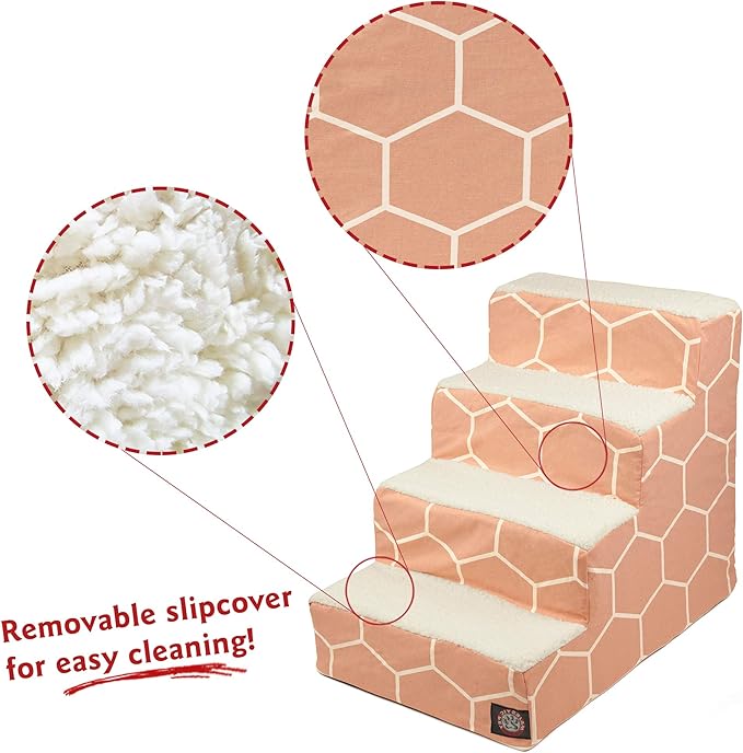 Majestic Pet Portable Pet Stairs | Soft Sherpa Steps Foam Feeling | Steps for Dogs & Cats | Dog & Cat Ramp | Indoor Only | Max Weight: up to 250 Lbs, 4 Step, Hexo Shapes Blush Pink