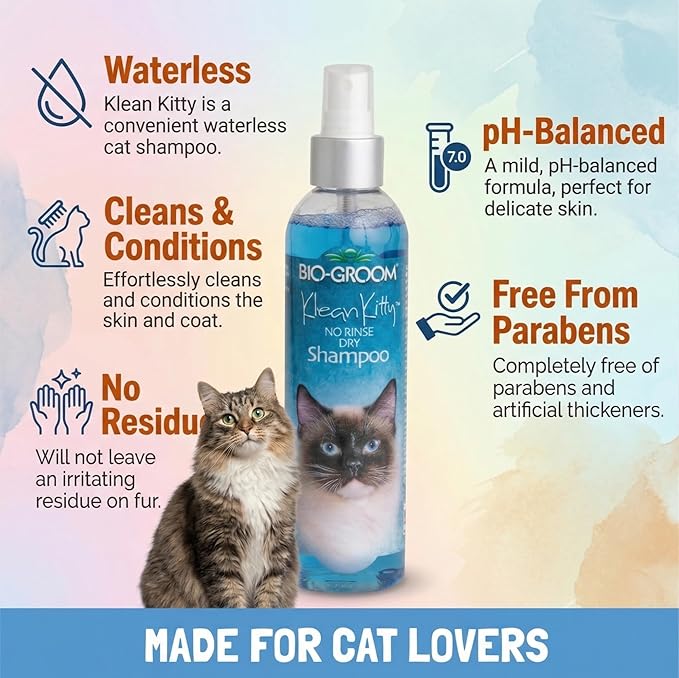 Bio-Groom Klean Kitty Waterless Cat Shampoo - No-Rinse, Cat Bathing Supplies, Kitten Wash, Cat & Dog Grooming Supplies, Cruelty-Free, Made in USA, Dry Shampoo Spray, Cat Products - 8 fl oz 1-Pack