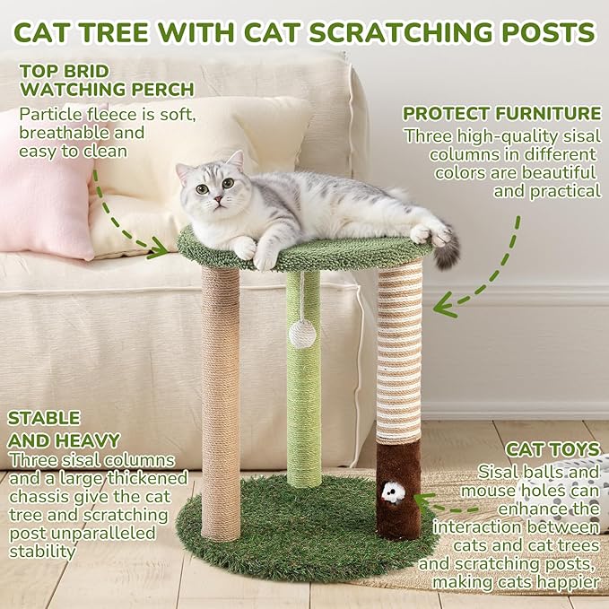 WOOCHPET Cat Tree Tower with 3 Scratcher Posts 17inch Tall Cat Tree Sisal Scratching Posts with Fun Cat Toys for Kitty and Adult Cats Small Cat Tower and Perch Bed for Indoor Cats (Green)