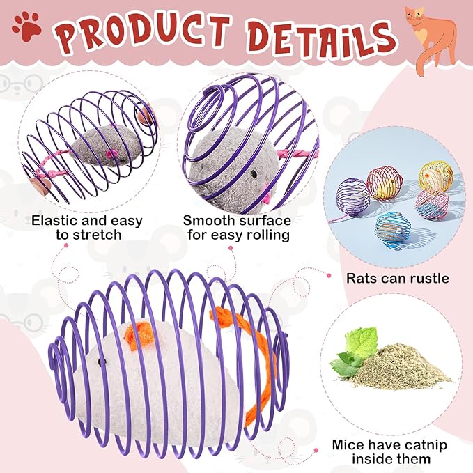 Jecery 5 Pcs Cat Spring Toys Stretchable Rolling Balls Colorful Playful Coils Interactive Action Toy Caged Rats for Kitten Pet Supplies (Catnip Rats,Soft Color)