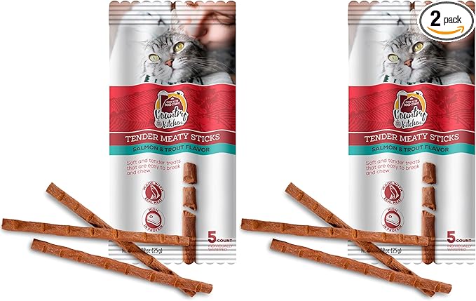 Country Kitchen Salmon & Trout Tender Meaty Sticks Cat Treats, High in Protein, Easy to Break and Chew, 0.88 Oz, 5 Count (Pack of 2)