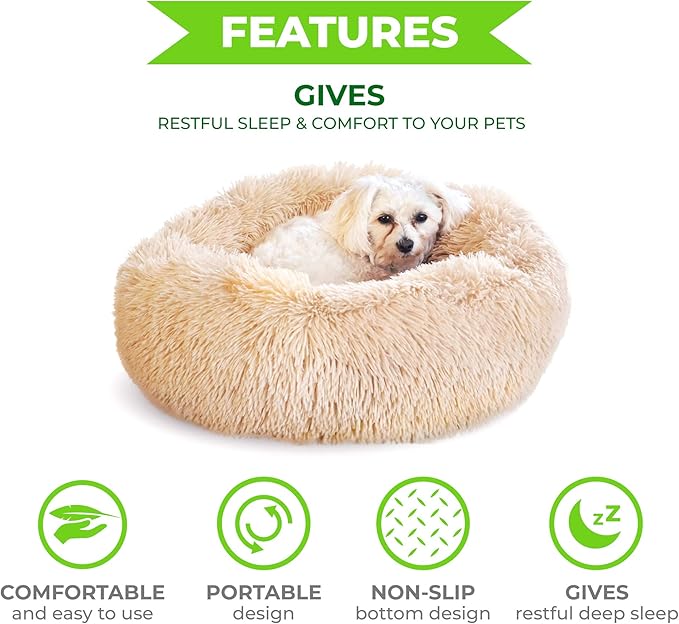 Whiskers & Friends Cat Beds for Indoor Cats, Fluffy Calming Donut Cat Bed, Small Dog Bed Washable - Orthopedic Soft Plush Pet Beds Sized for Kitten to Large Cats & Puppy to Small Dogs - Khaki