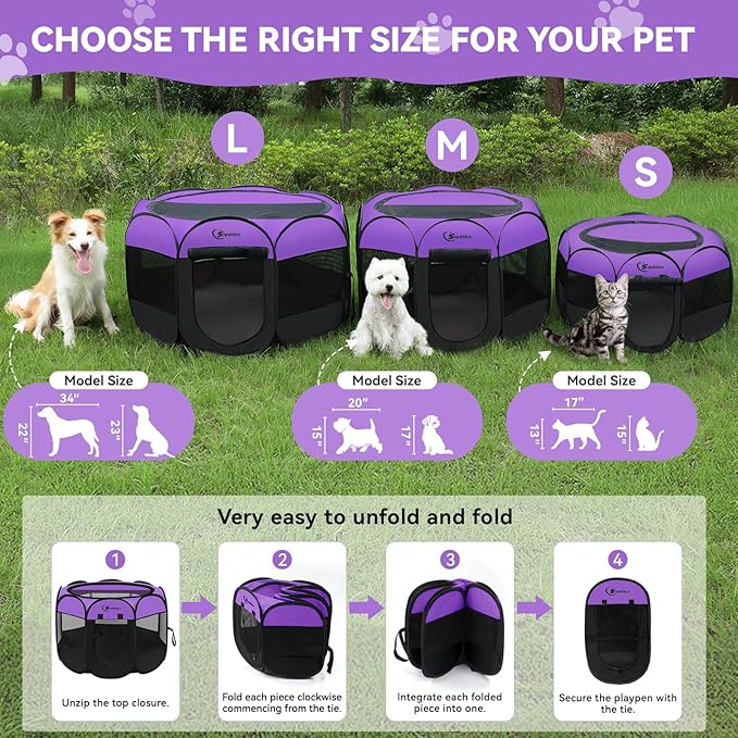 Siedihit Large Dog Playpen, Puppy Pet Playpen Indoor, Dogs Tent Crates Cage Indoor/Outdoor, Portable Pop Up Dog Kennel Playpen with Carrying Case for Dogs/Cats/Rabbits, Purple