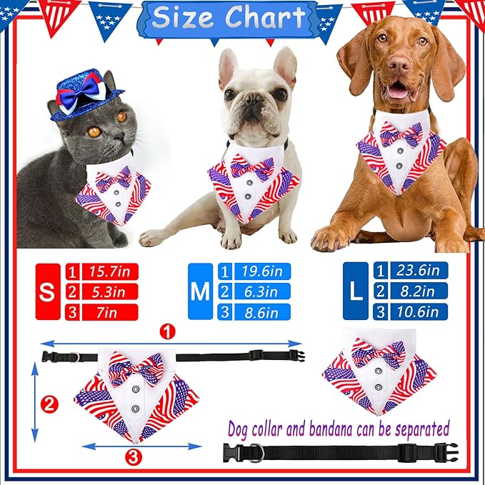 Dog Independence Day Costume 2Pcs Tux Bandana Shiny Pet Top Hat American Flag Dog Tuxedo Triangle Bibs 4th July Scarf Patriotic Holidays Outfit Dog Collar with Bow tie for Small Medium Large (Small)