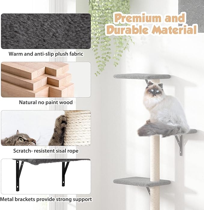 Wall Mounted Cat Furniture Set - 5 Piece Cat Shelves with Tree, Perch, Scratcher, Bridge & Condo - Gray