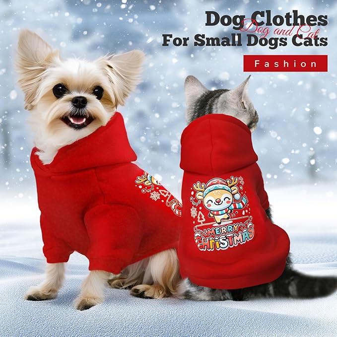 ABRRLO Small Dog Hoodie Clothes Red Christmas Dog Outfit Warm Fleece Dogs Sweater for Small Dogs Cat Boy Girl Cute Puppy Sweatshirt with Leash Hole Xmas Doggy Costume Chihuahua Yorkie(Xmas Deer,L)