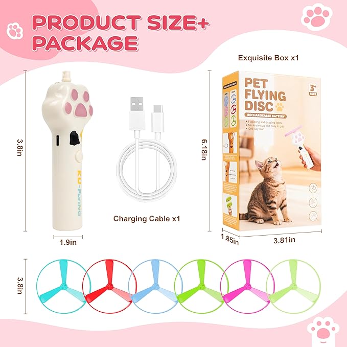 Cat Fetch Toy for Yard Chase, Rechargeable Flying Disc Launcher with 6 Flying Discs, Interactive Cat Hunting Toys for Outdoor & Indoor (White)