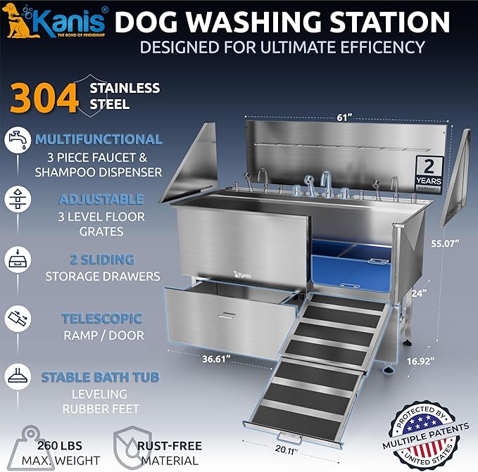 KANIS Professional Dog Washing Station 304 Stainless Steel Pet Wash Sink & Grooming Bathtub w/Shower, Floor Grates and Storage for Large, Medium & Small Pets (Silver, 61 Inches, Right Ramp, 2 Drawers)