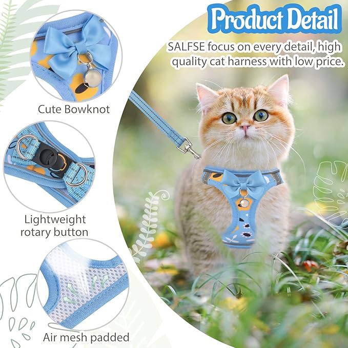 Cat Harness and Leash Escape Proof for Walking, Adjustable Soft Kitten Harness with Reflective Straps Step in Cat Vest Harness for Small Kitten and XS Dogs (Blue, M)