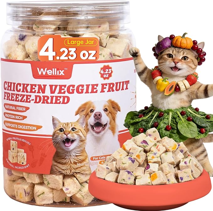 Wellix Freeze-Dried Treats for Dogs and Cats - Chicken&Vegetables Flavor 4.23oz, Healthy Cat Treats, Freeze Dried Cat Treats Rich in Pumpkin, Cranberry - High-Protein Food Topper for Gut Health